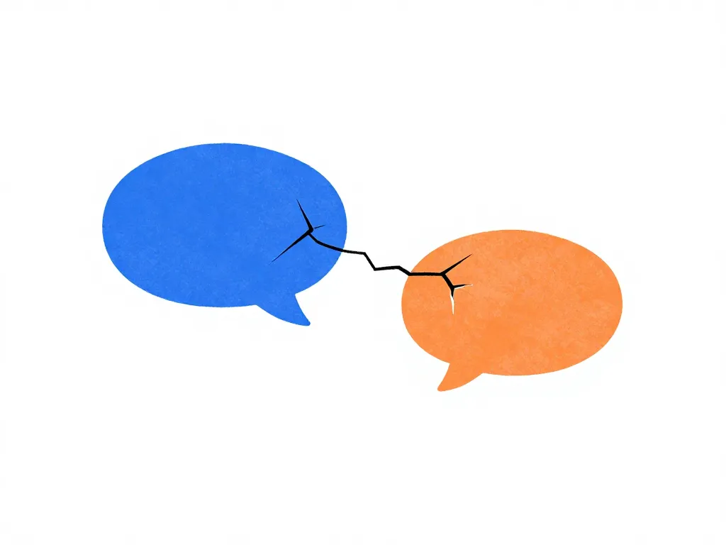 Illustration of two cracked speech bubbles drifting apart, connected by a fraying thread, representing deteriorating co-founder communication