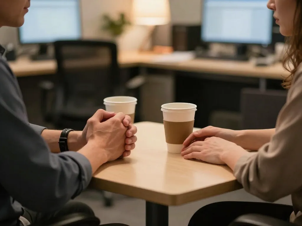Close-up of two co-founders' hands during a tense conversation, showing clasped and flat hand positions suggesting unresolved conflict