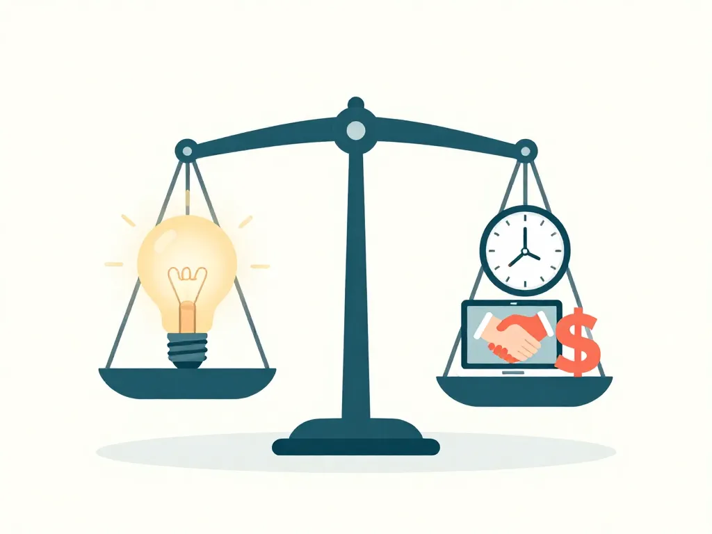 Balance scale weighing a lightbulb idea against multiple execution elements like code, partnerships, time, and money