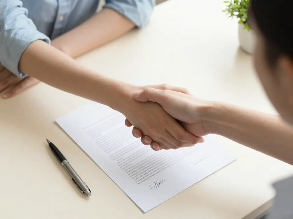 Two cofounders shaking hands over a signed equity agreement document on a desk