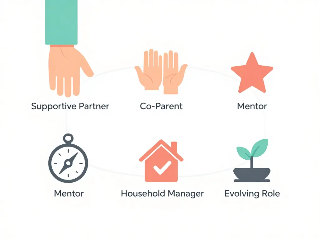 Five icons representing different stepparent roles: Supportive Partner, Co-Parent, Mentor, Household Manager, and Evolving Role