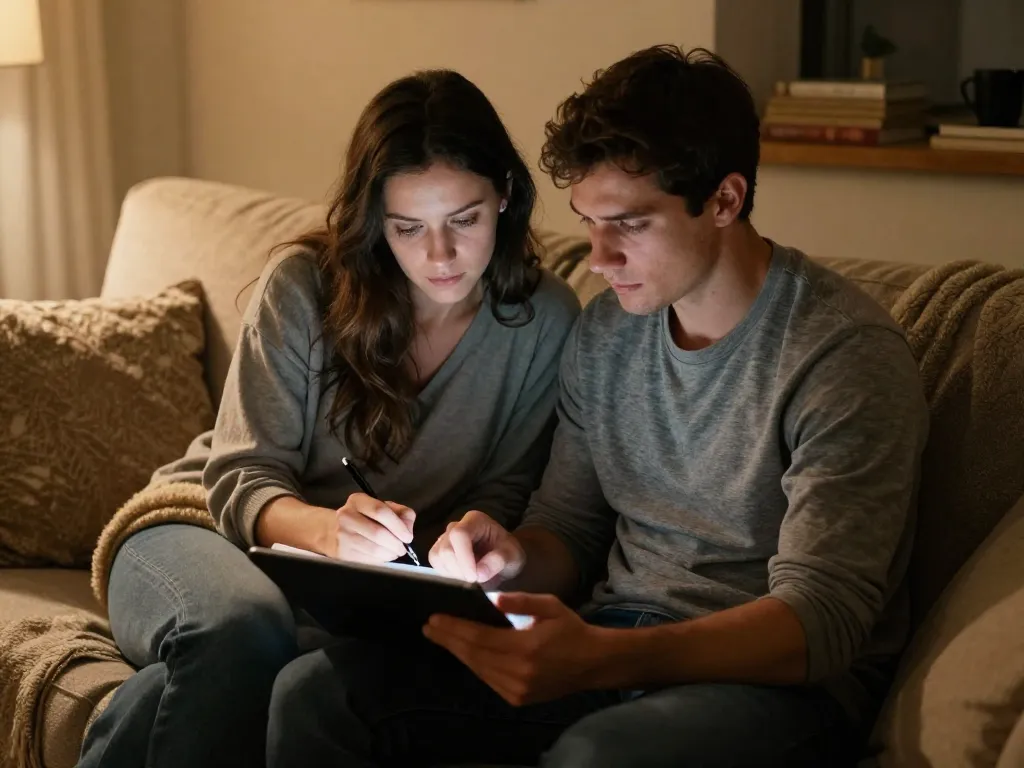 A couple sitting together on a couch collaboratively reviewing their family agreements in a warm living room setting