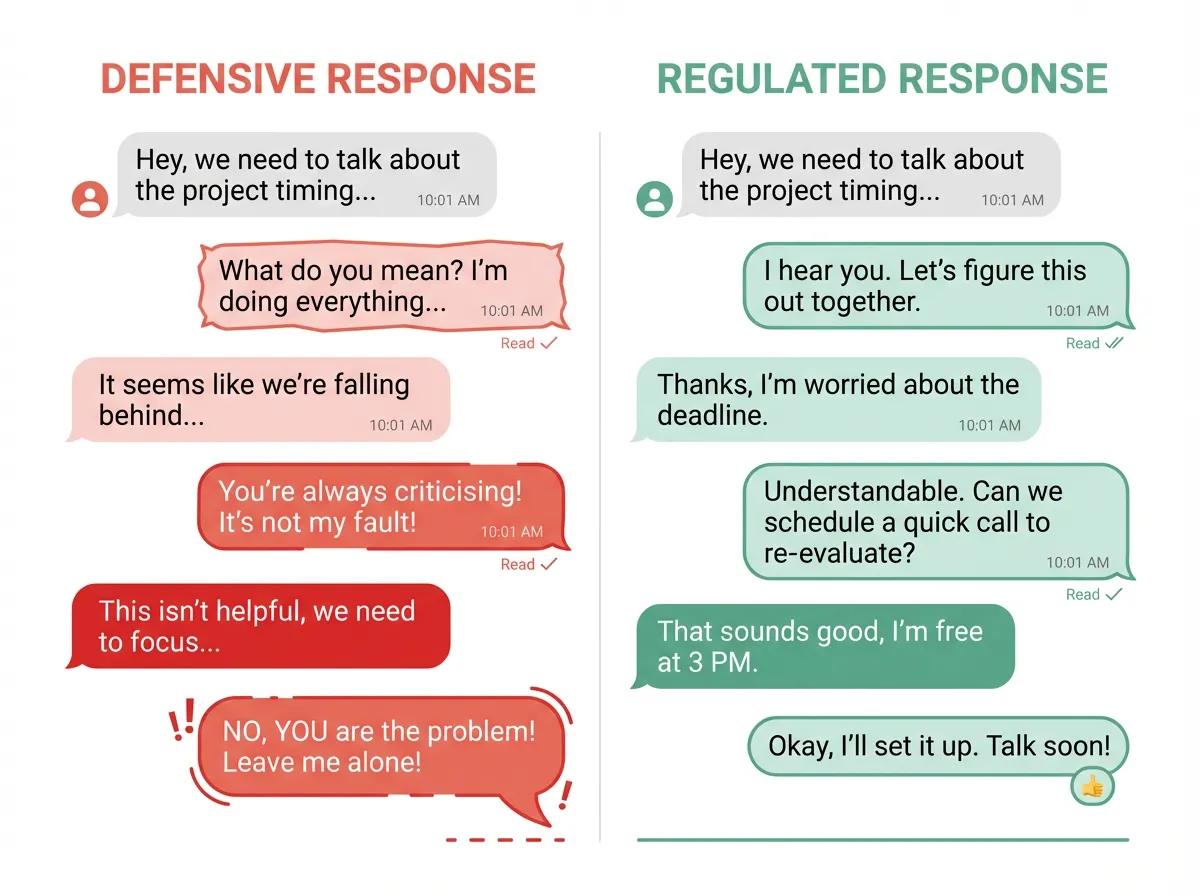 Side-by-side comparison of a defensive co-parenting text exchange versus a calm, regulated response