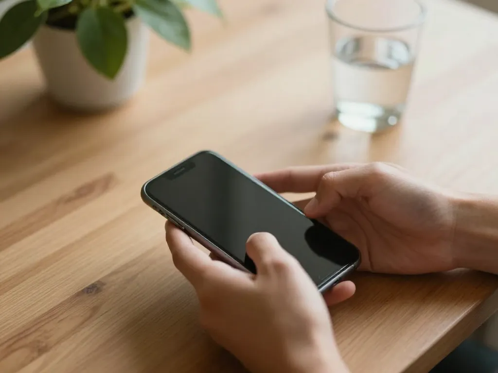 Hands placing a phone face-down on a table, representing the intentional pause before responding