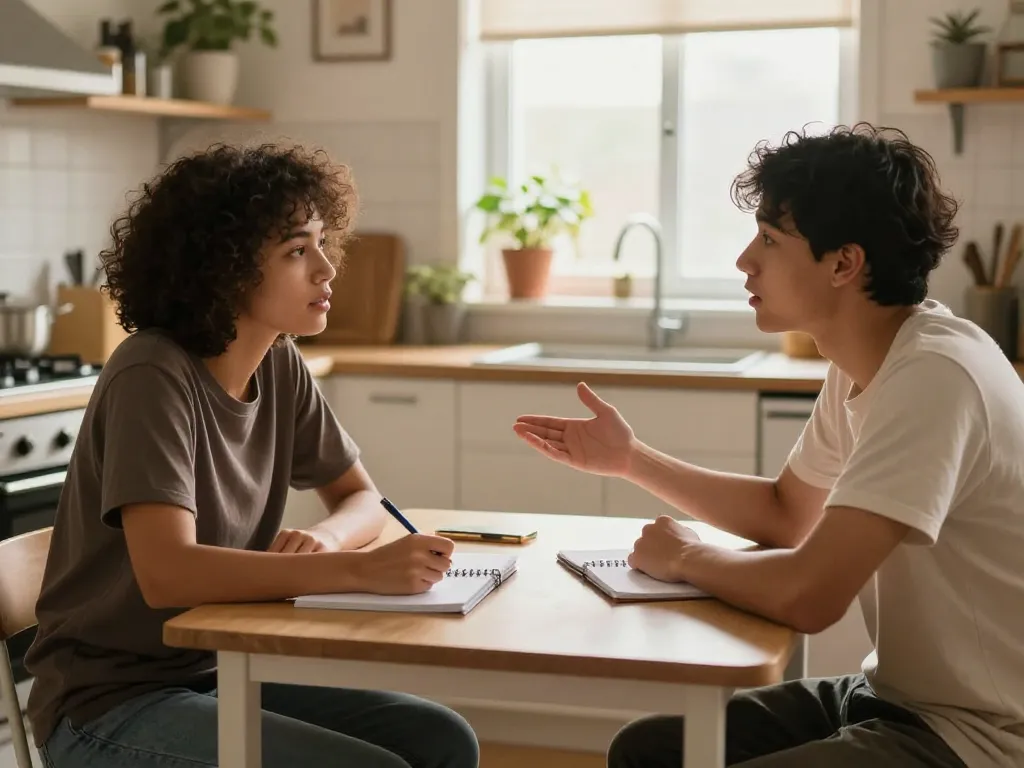 Two roommates having a constructive conversation at their kitchen table, one writing down notes while they discuss agreements