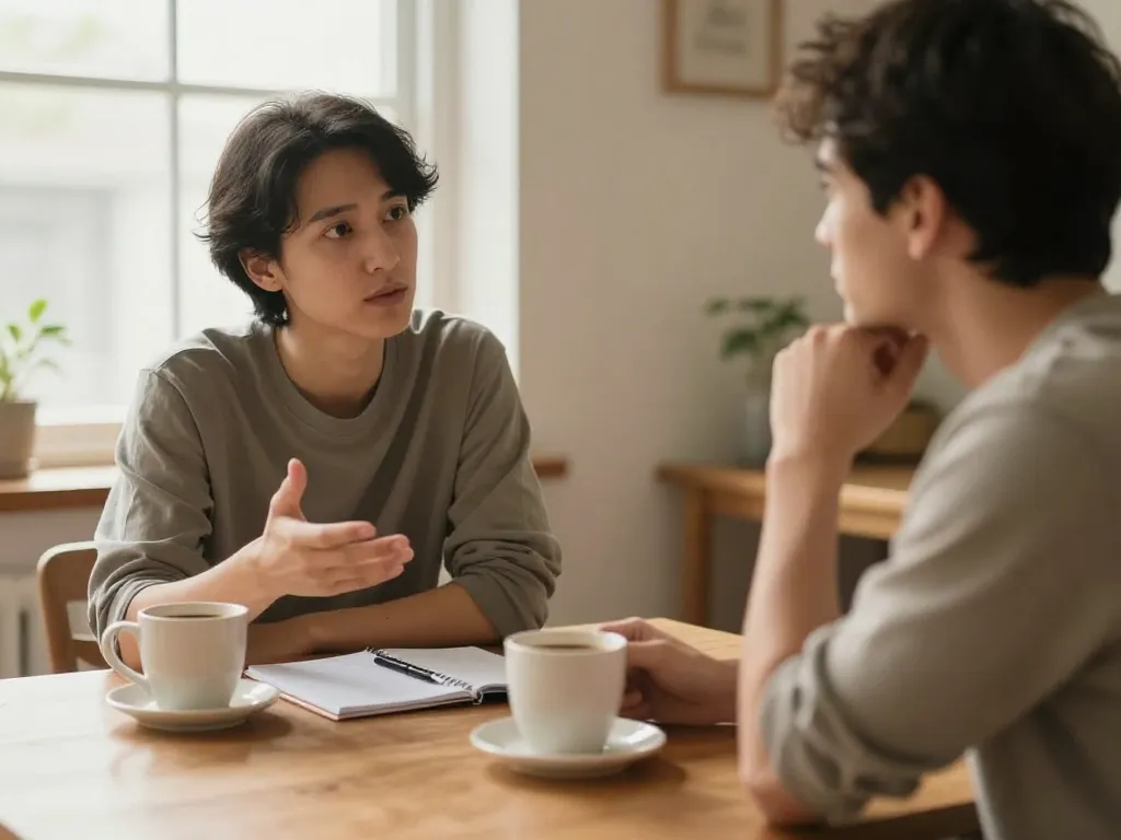 A couple sitting at a table having an open conversation over coffee with a notepad between them