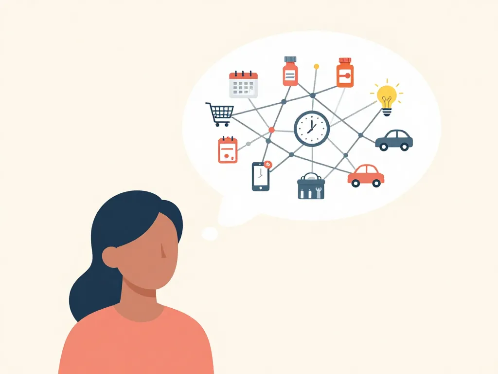 Illustration of a person's silhouette with a thought bubble full of household management icons representing invisible mental labor