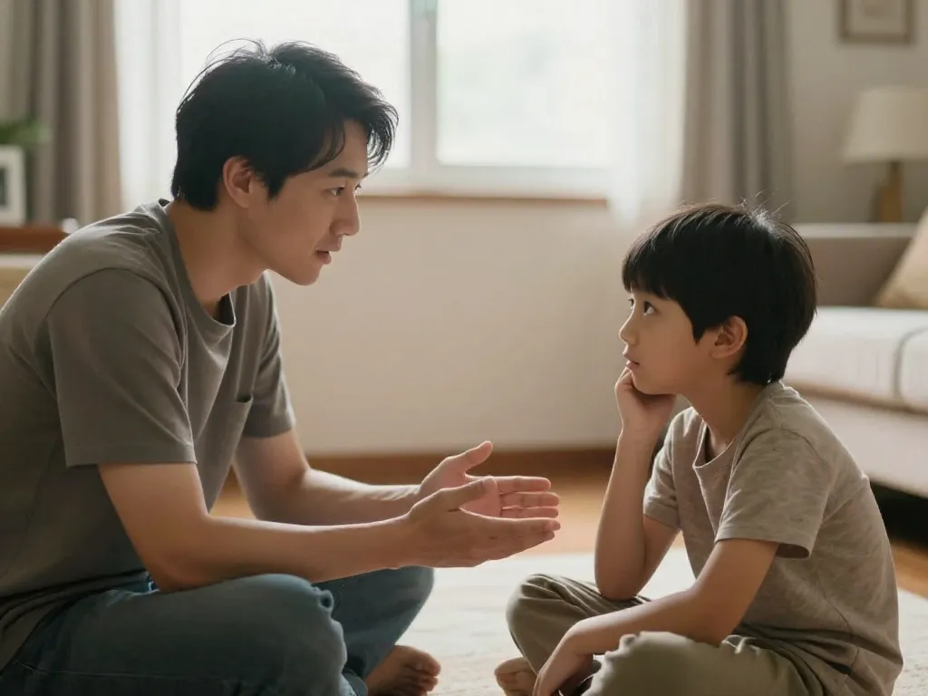Parent sitting at eye level with a child, having a calm and connected conversation in a warmly lit living room