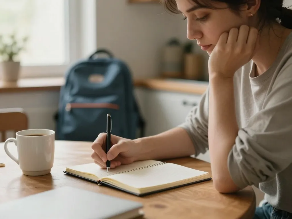 A coparent thoughtfully writing notes at a kitchen table in soft morning light, reflecting on parenting approaches