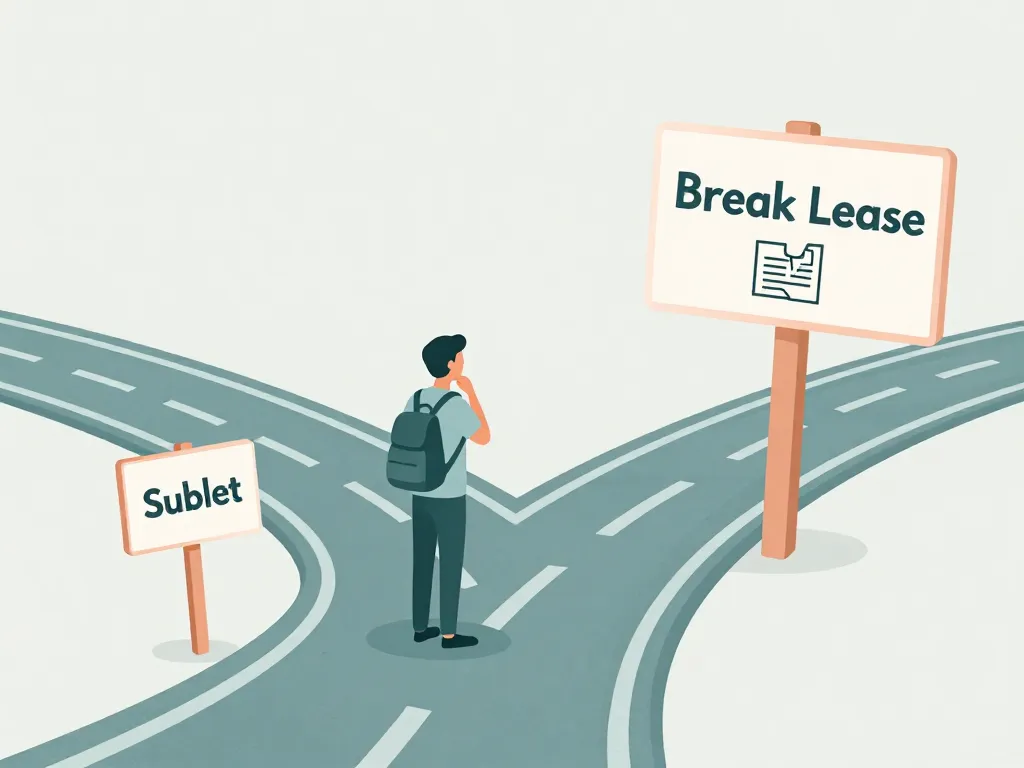 Illustration of a person at a fork in the road choosing between subletting and breaking a lease