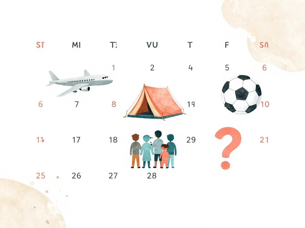 Illustration of a summer calendar with overlapping activity icons representing common scheduling conflicts between co-parents