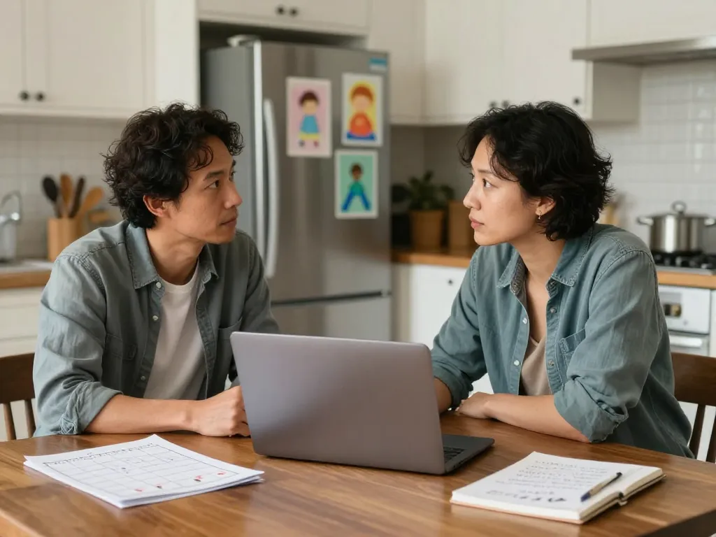 Two co-parents collaborating over a summer schedule at a kitchen table with a laptop and calendar