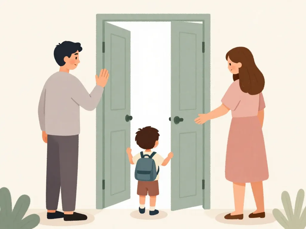 Illustration of a child transitioning calmly between two parents' homes, carrying a backpack through a doorway