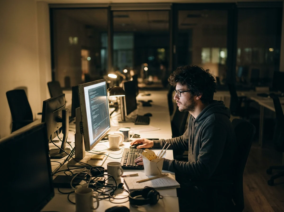 A technical cofounder working alone late at night in an otherwise empty startup office