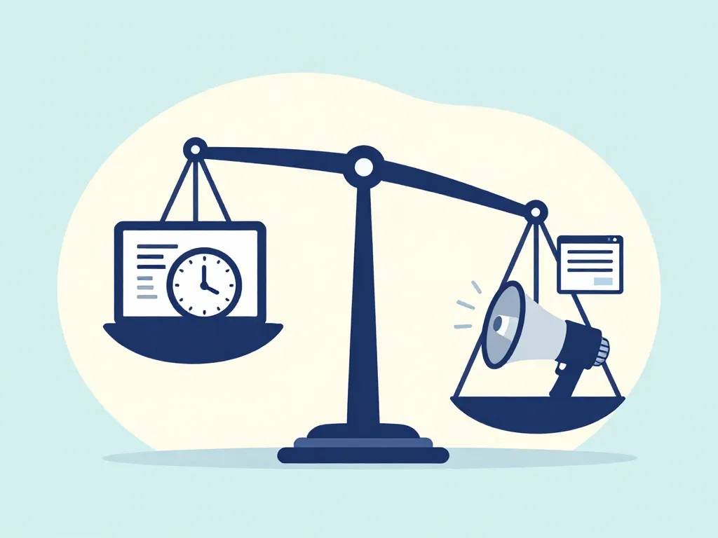 Illustration of an unbalanced scale comparing technical contributions like coding and long hours against business contributions like pitching and networking