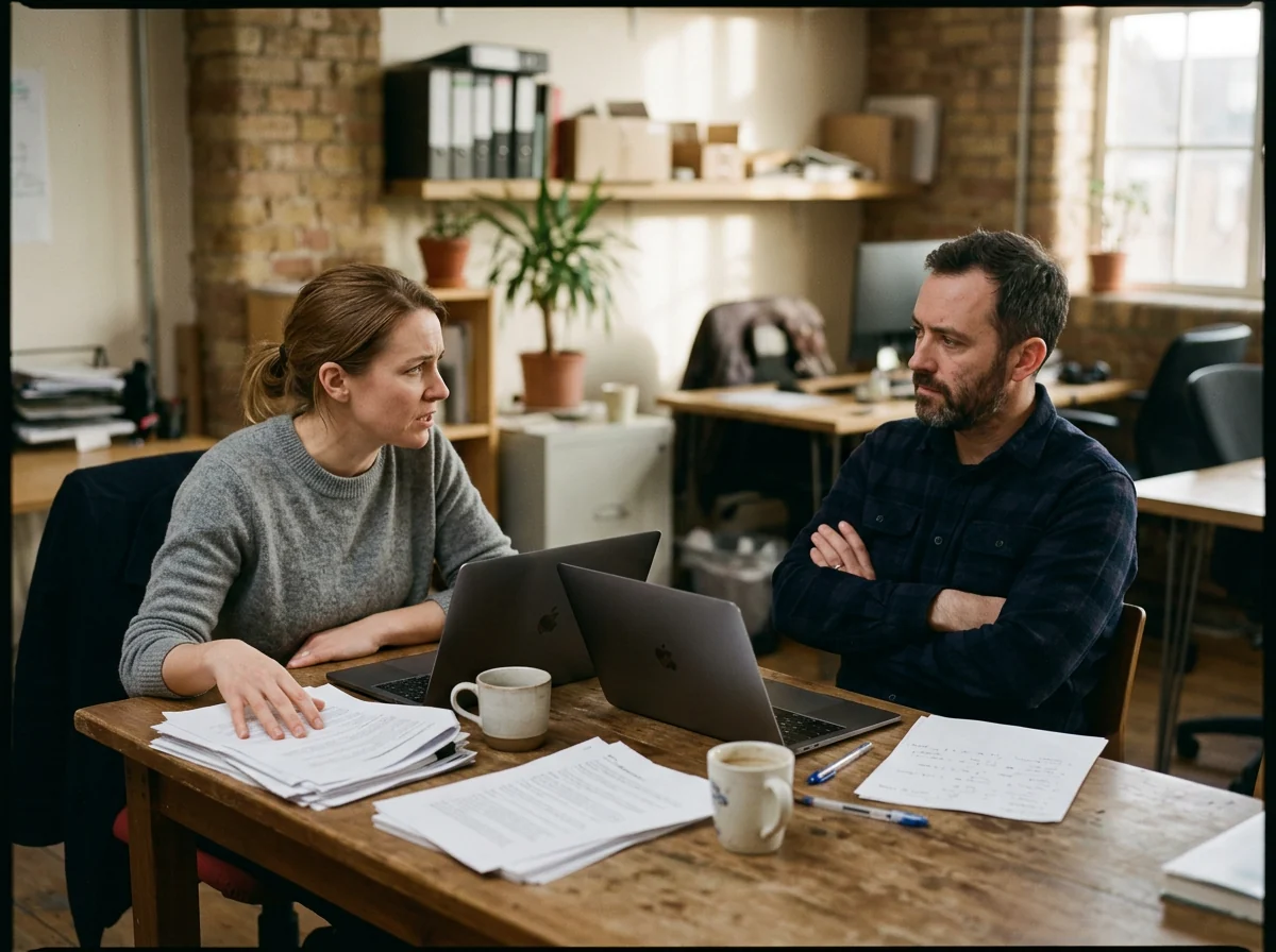 Two cofounders in a tense conversation across a table, one listening with arms folded