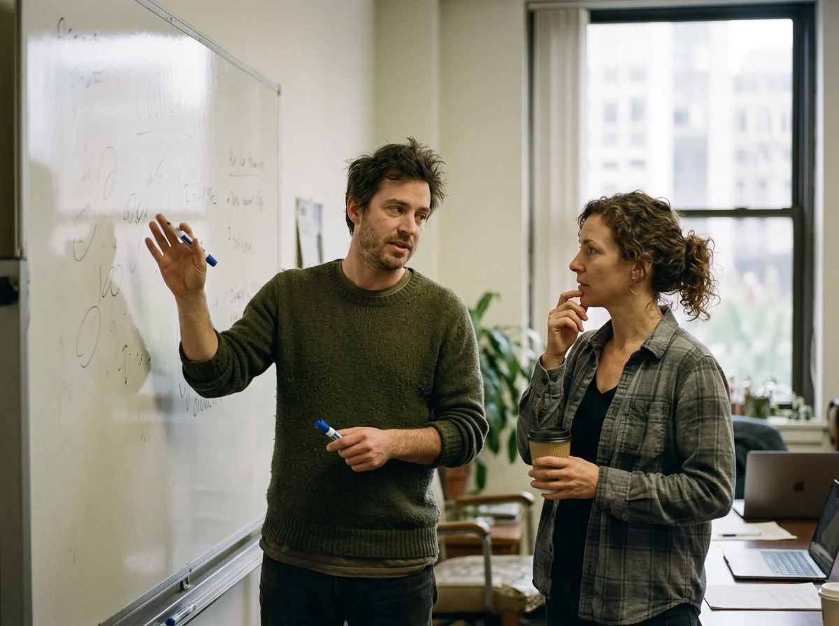 Two cofounders standing at a whiteboard working through a new equity split together