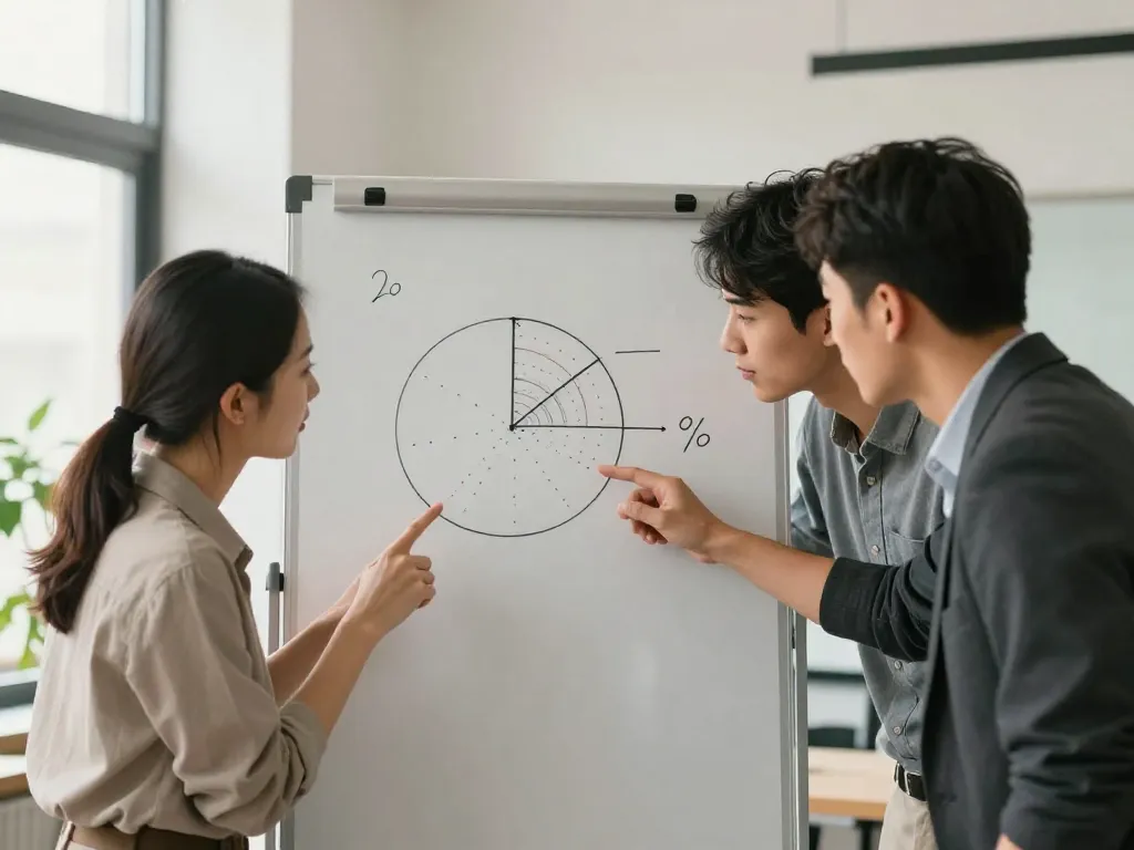 Two cofounders collaboratively redesigning their equity split on a whiteboard in a bright modern office, showing constructive engagement