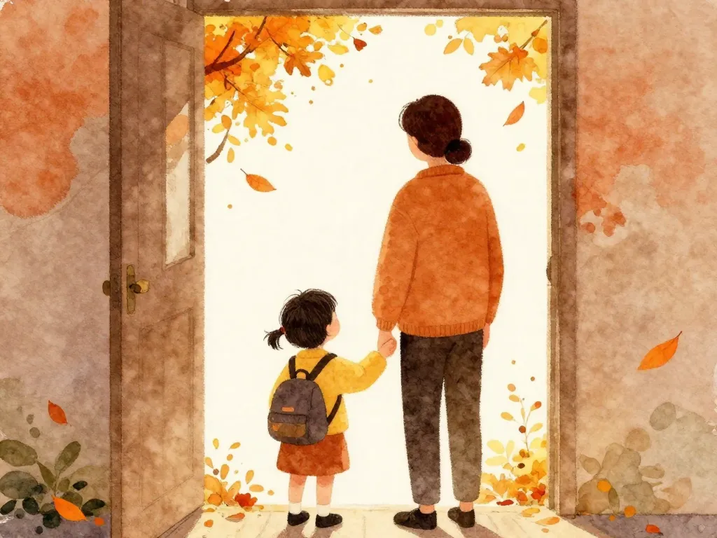 Watercolor illustration of a parent and child standing in a doorway surrounded by falling autumn leaves