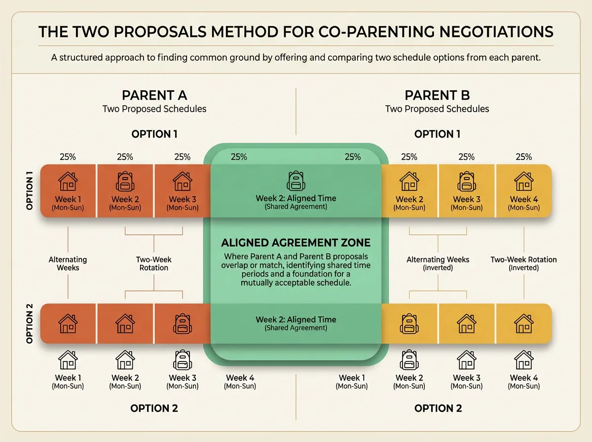 Infographic showing the Two Proposals Method where each co-parent suggests two Thanksgiving schedule options and finds overlap
