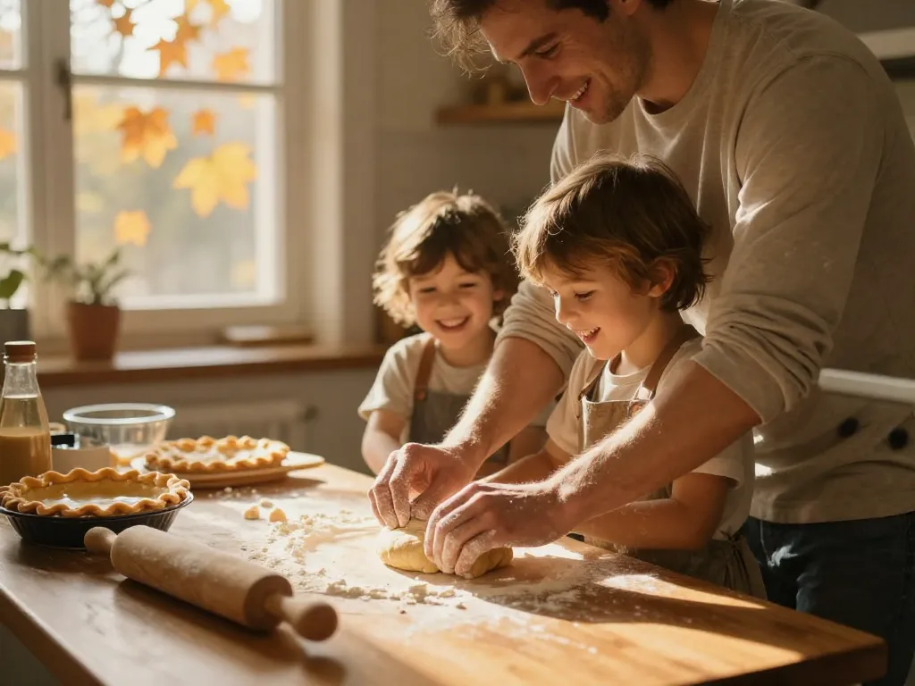 A parent and child laughing together while baking a pie in a warm, sunlit kitchen