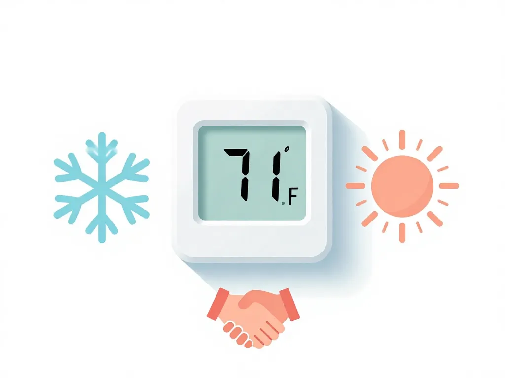 Illustration of a thermostat at 71 degrees surrounded by warm and cool icons symbolizing roommate temperature compromise