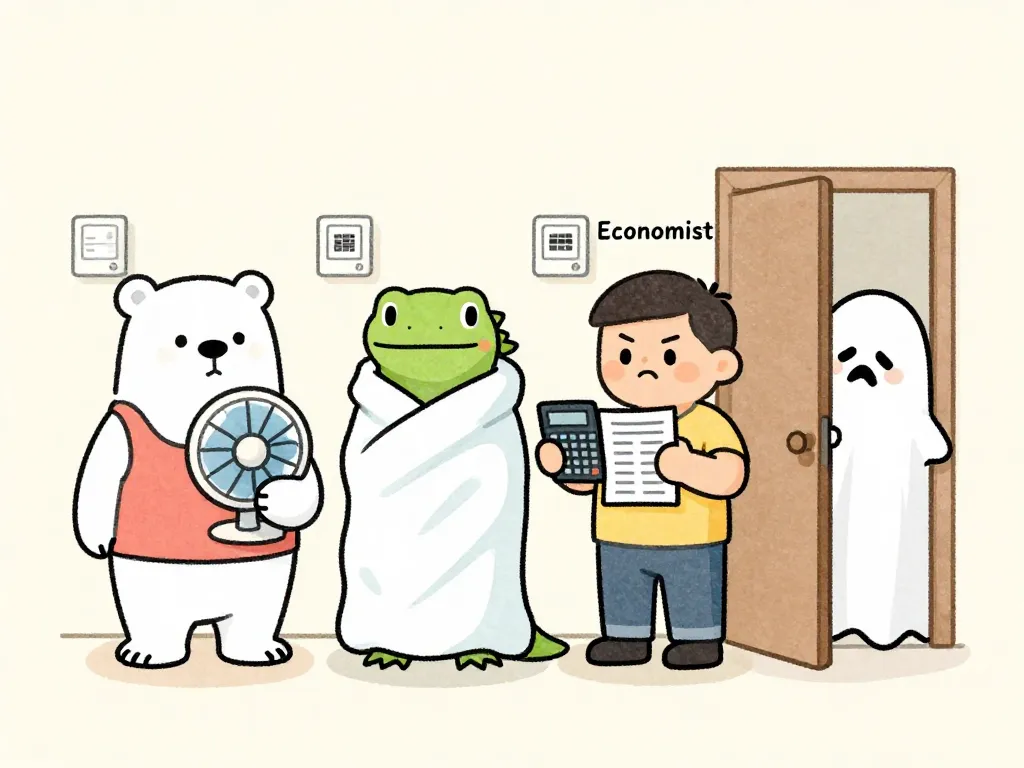 Four illustrated roommate thermostat personality types: the Polar Bear, the Lizard, the Economist, and the Ghost