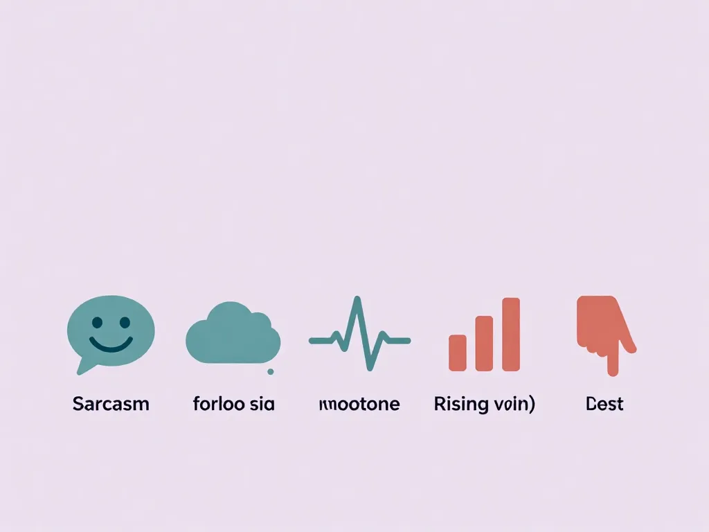 Five icons representing common destructive tone patterns in relationships: sarcasm, sighing, monotone, rising volume, and condescension