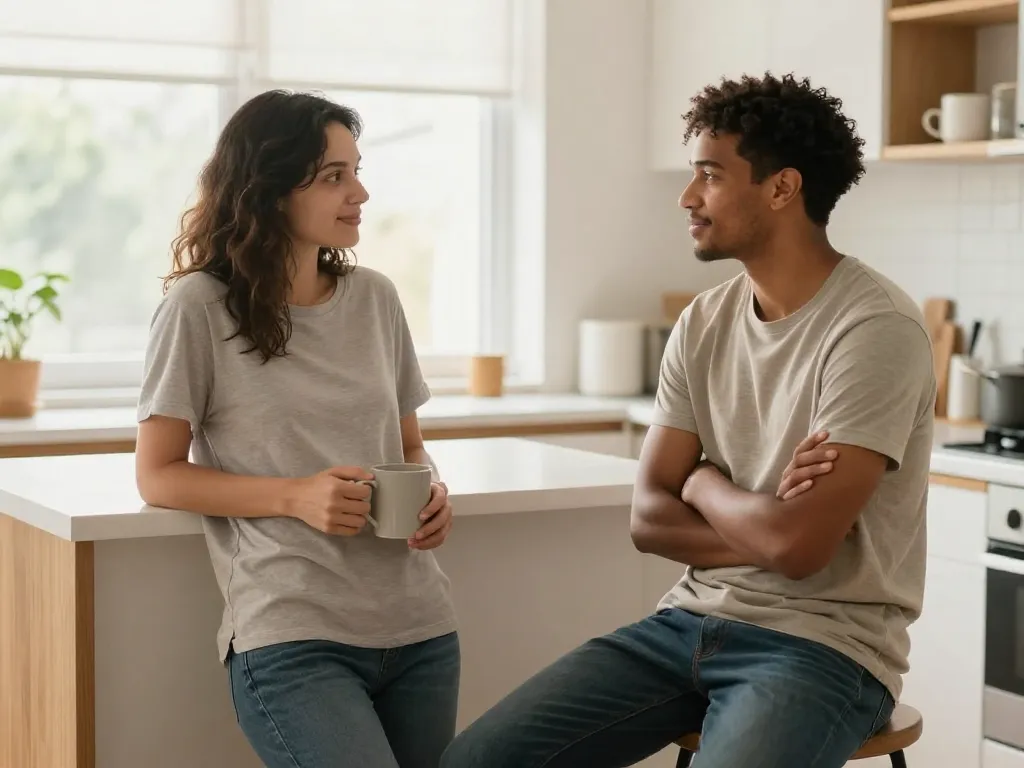 A couple having a calm and connected conversation in a bright kitchen, demonstrating open body language and warm eye contact