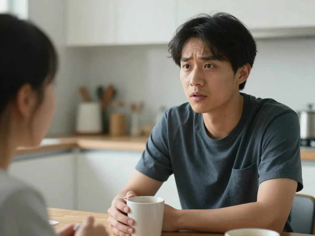 A couple at a kitchen table where one partner speaks and the other listens with an uncertain expression, showing how tone creates ambiguity in everyday conversations
