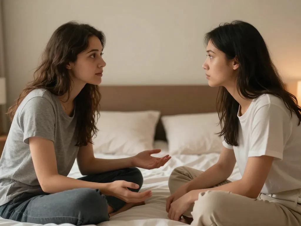 A couple sitting face to face on a bed having a calm, honest conversation, representing tone repair in a relationship