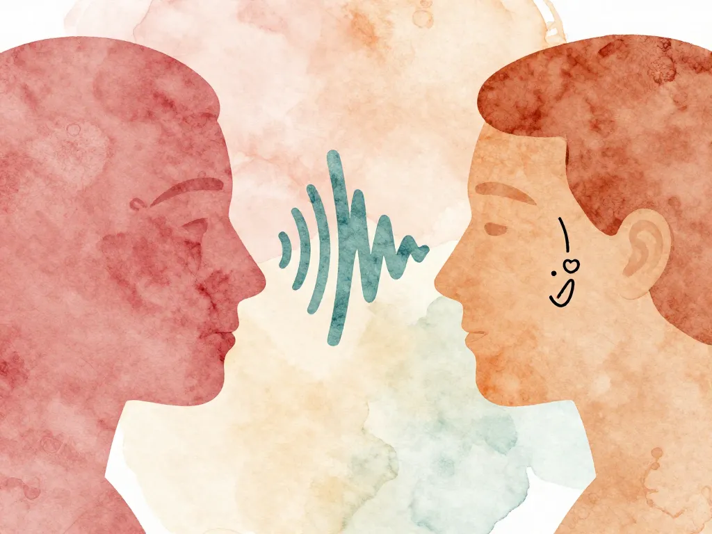Illustration showing how tone of voice travels from speaker to listener and is filtered through stress, past experiences, and current mood