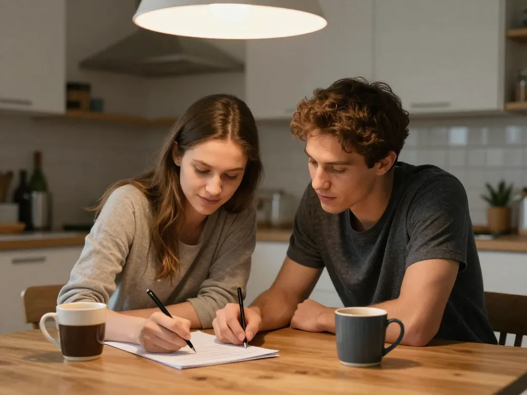A couple sitting together at a kitchen table collaboratively writing a tone agreement for their relationship
