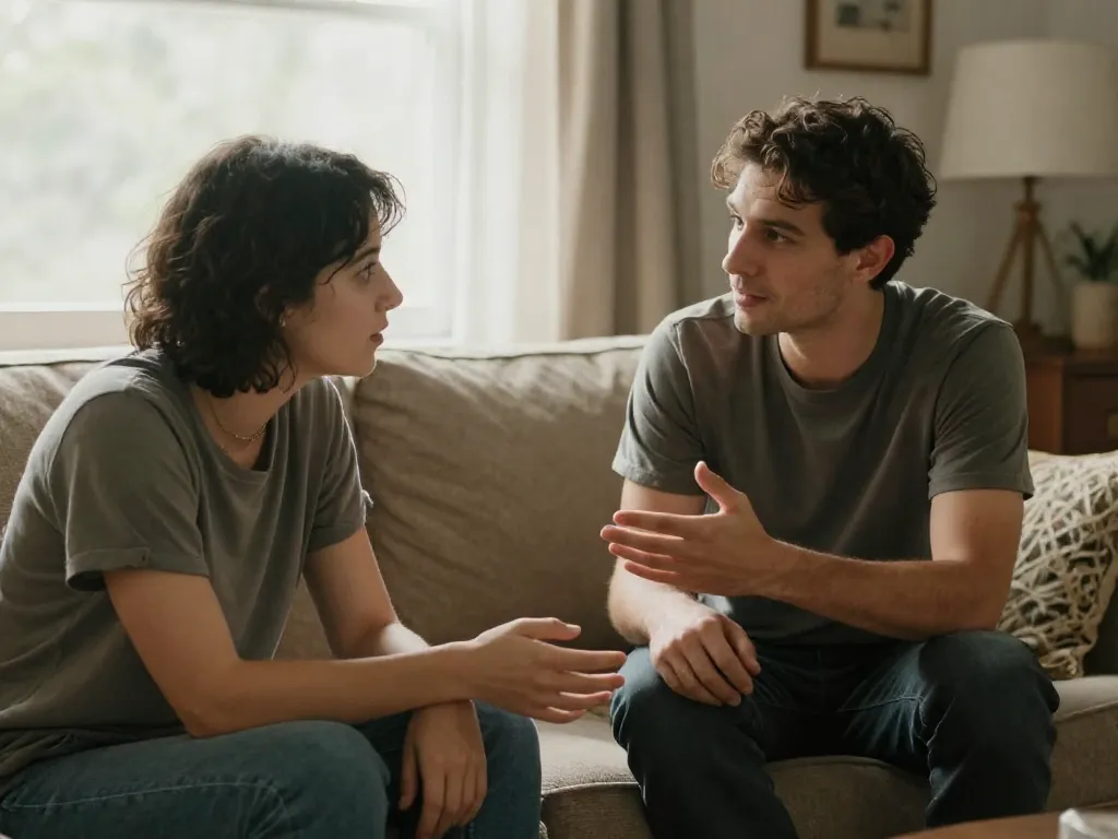 A couple sitting together on a couch having a calm, connected conversation — illustrating healthy communication after learning about tone awareness