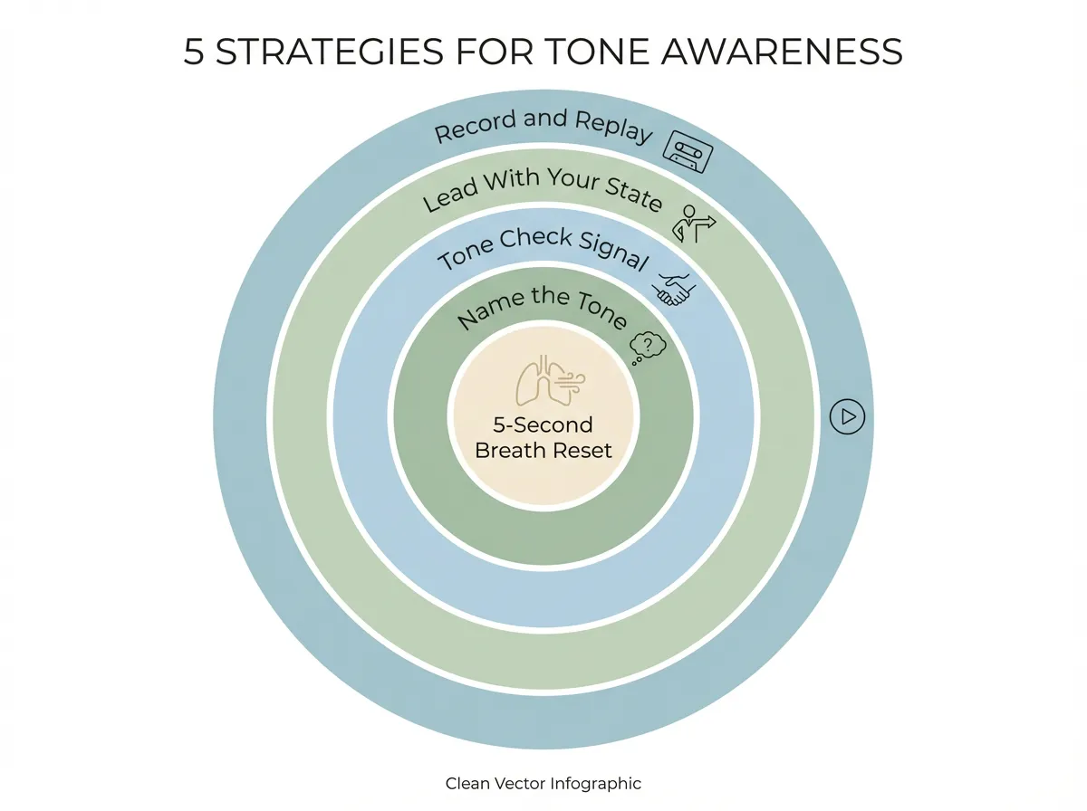 Diagram showing five practical strategies to break the tone-trigger cycle in relationship arguments