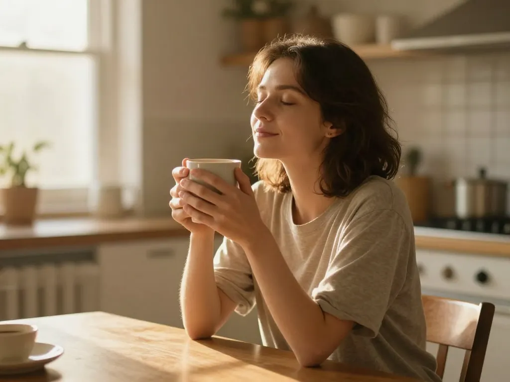 A person sitting peacefully at a kitchen table taking a deep breath, practicing calm self-regulation