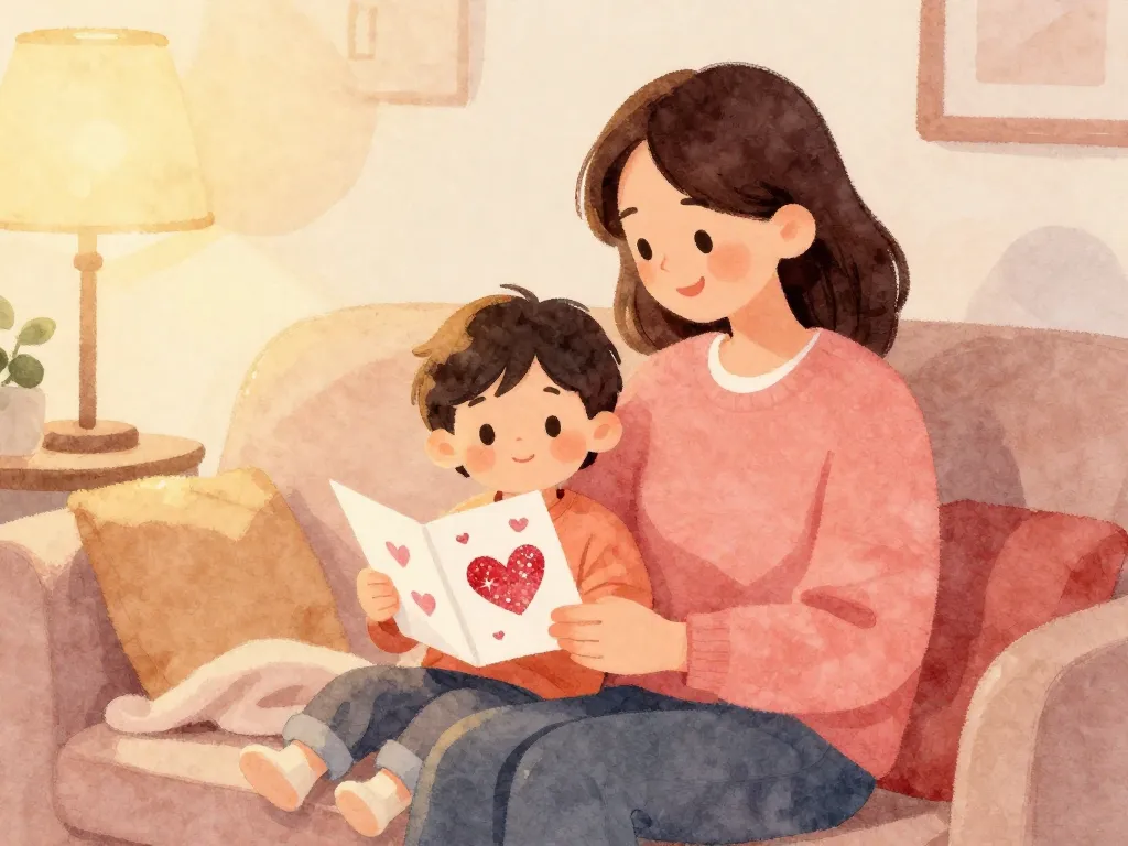 Watercolor illustration of a parent and child sharing a warm moment on a couch, the child proudly showing a handmade Valentine's card