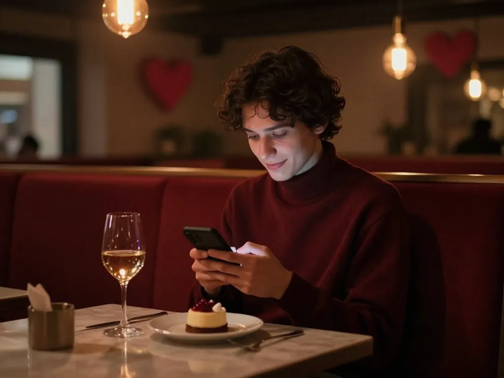 A person sitting contentedly alone in a warmly lit café on Valentine's Day, enjoying a quiet moment with dessert and a glass of wine