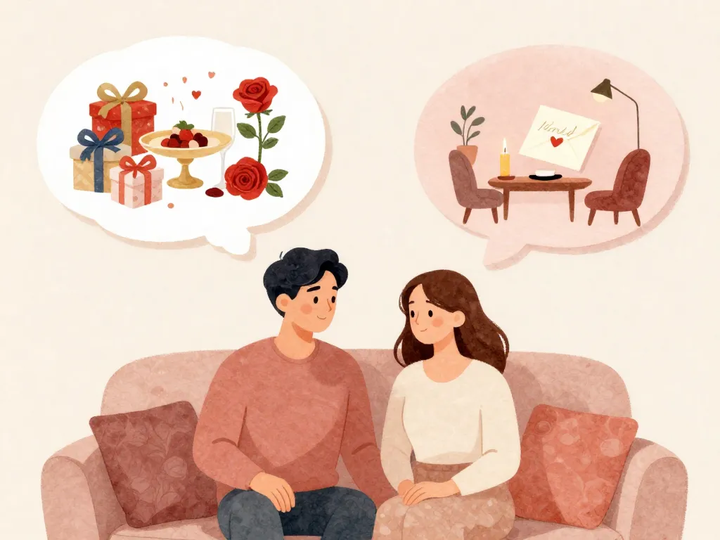 Illustration of a couple with different thought bubbles showing contrasting Valentine's Day expectations