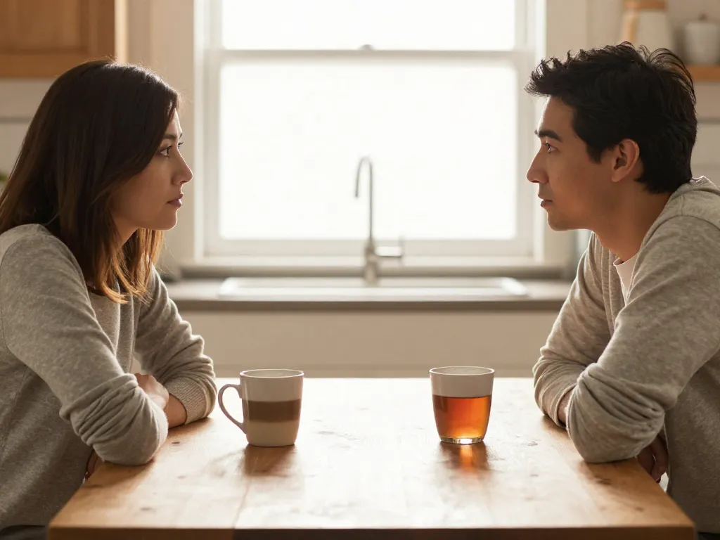 A couple having an honest, calm conversation over coffee at their kitchen table in warm morning light