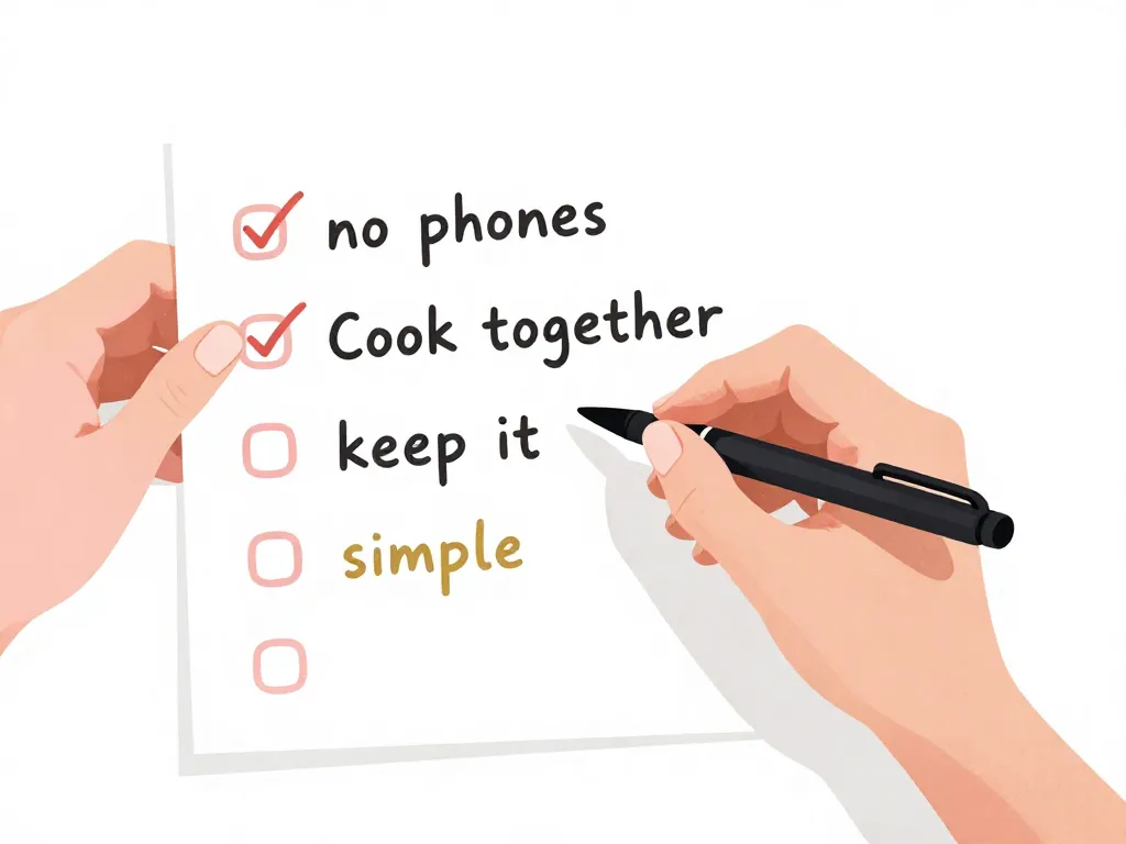 Illustration of two hands co-writing a simple Valentine's Day agreement with playful handwritten notes