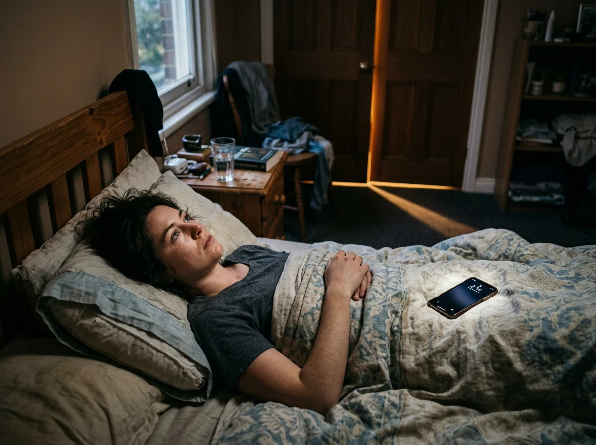 A person lying awake at night with light showing under their bedroom door