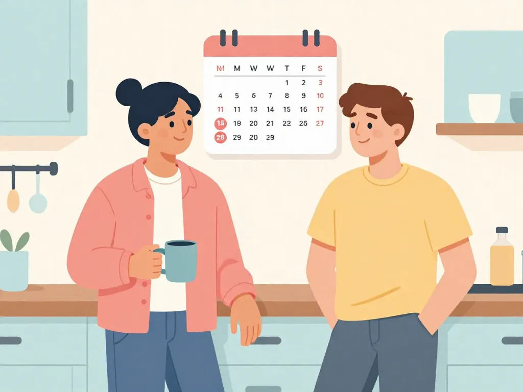 Two roommates having a casual friendly conversation in the kitchen with a February calendar visible on the wall showing Valentine's Day circled