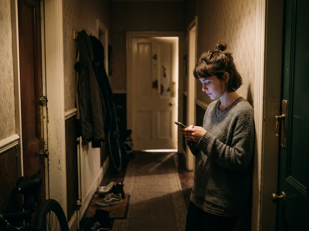 A flatmate typing a message on their phone in a dim hallway late at night