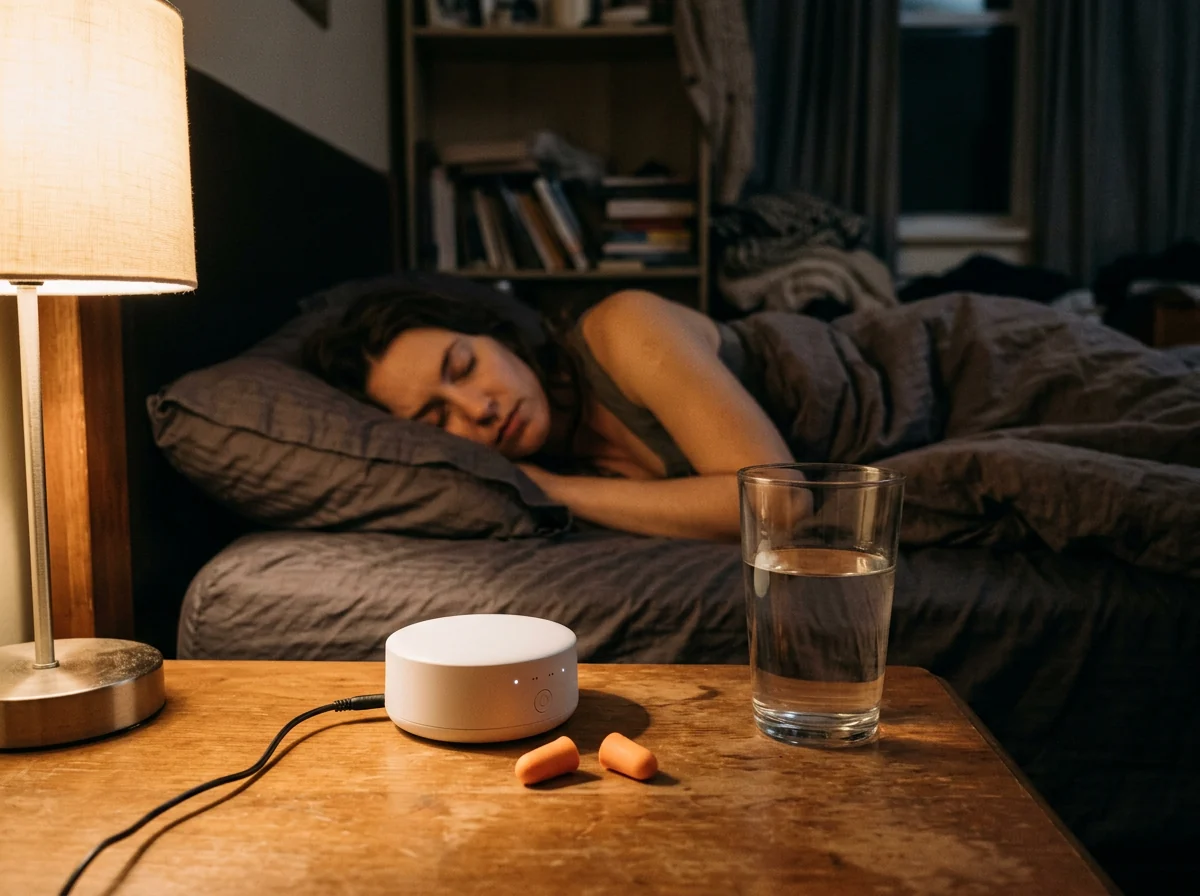 A white noise machine and earplugs on a bedside table at night