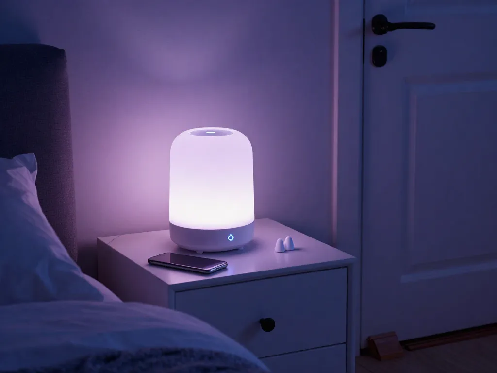 A peaceful bedroom at night showing a white noise machine, earplugs, and a draft stopper under the door as practical noise-reduction tools for roommates