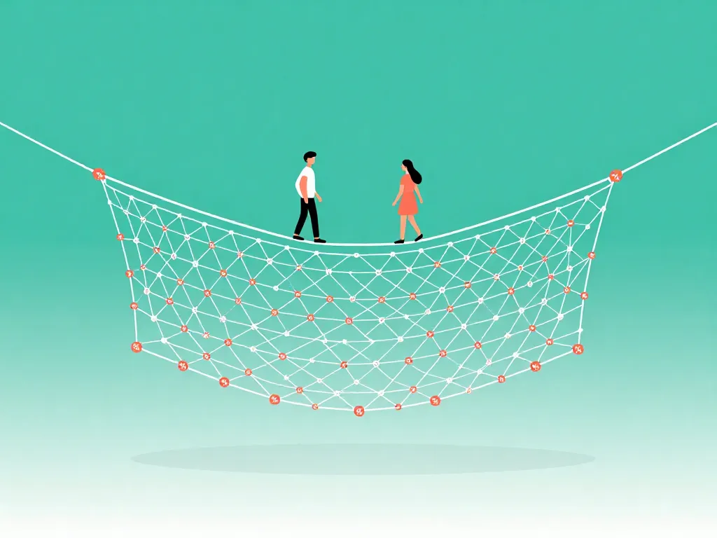 Illustration of a safety net made of equity symbols supporting cofounders, representing vesting schedule protection