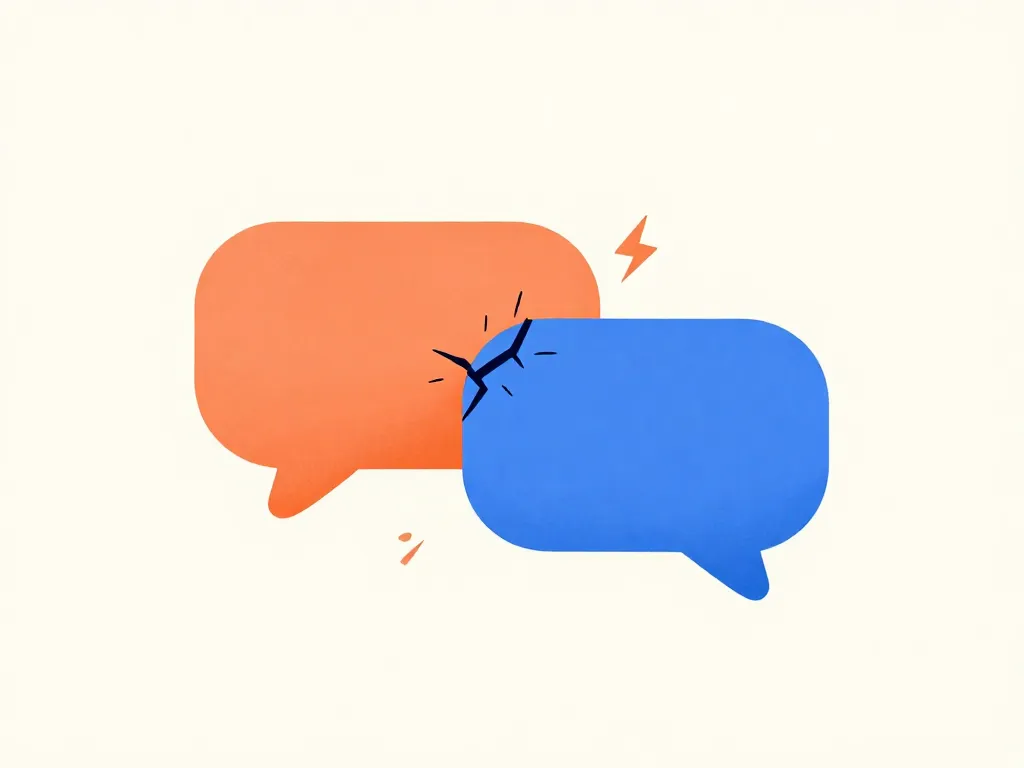 Illustration of two speech bubbles pointing in opposite directions with cracks forming where they meet, representing co-founder communication breakdown