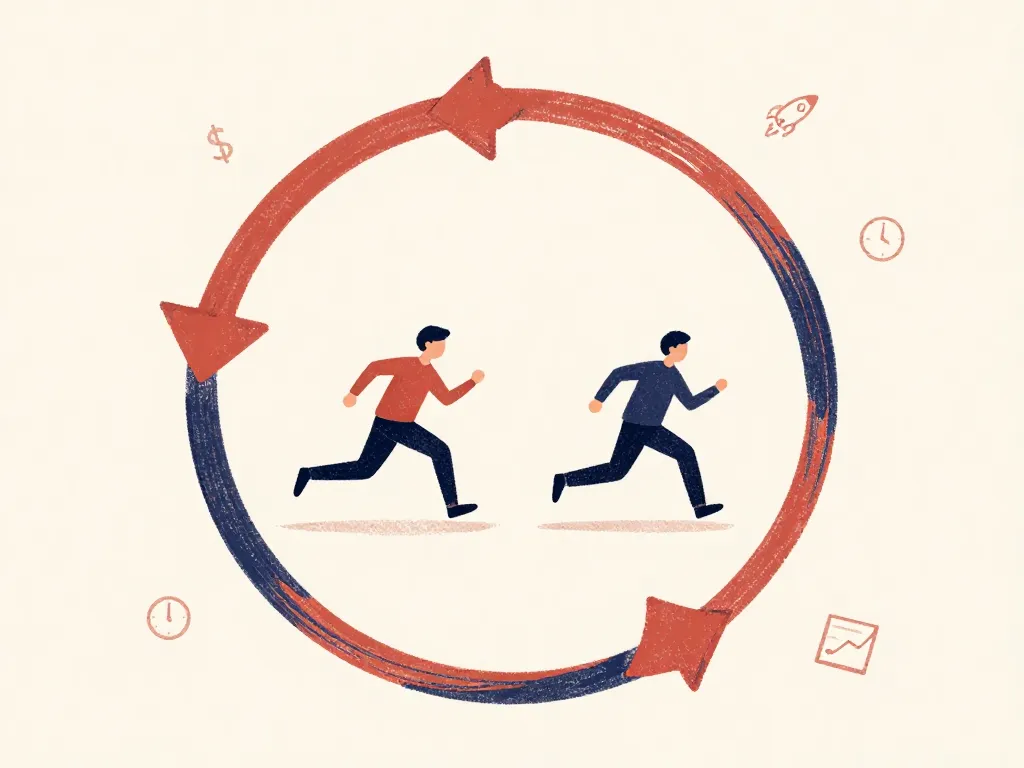 Illustration of two figures trapped in a circular loop representing recurring arguments between co-founders