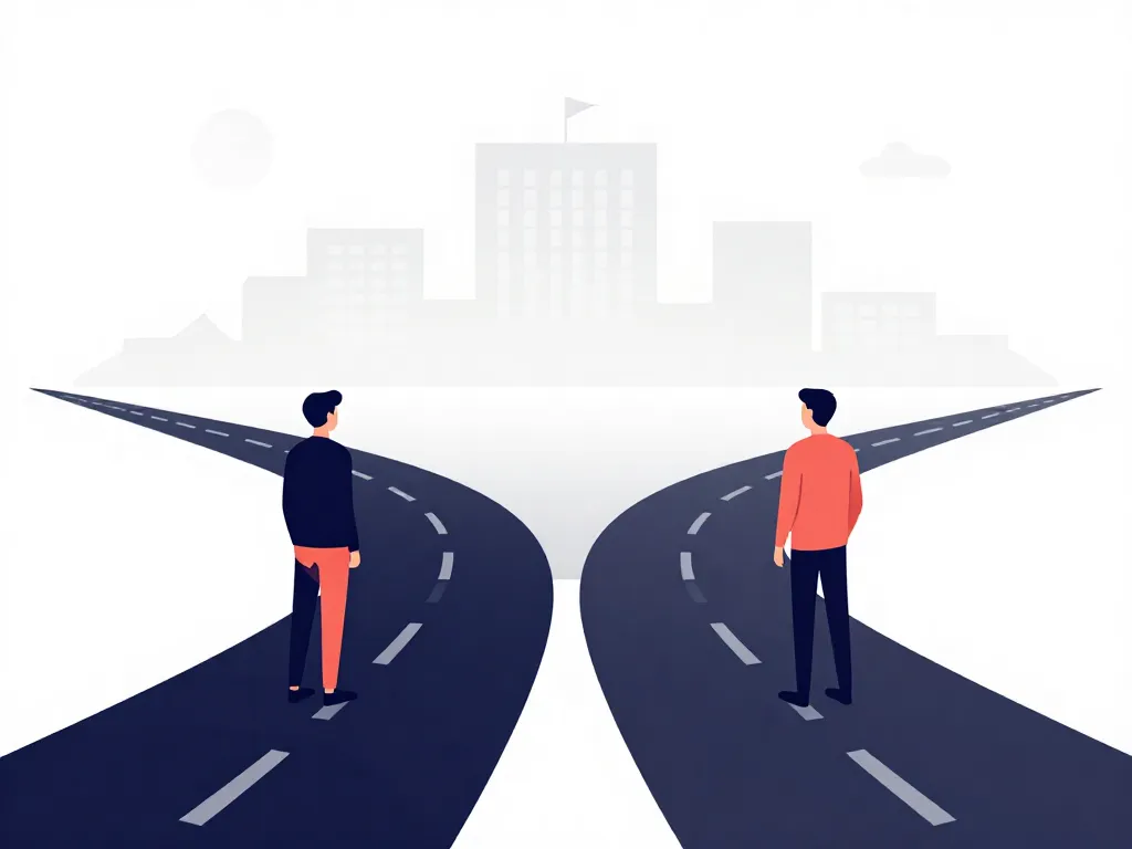 Illustration of two figures on diverging paths, symbolizing cofounders heading in different directions after funding